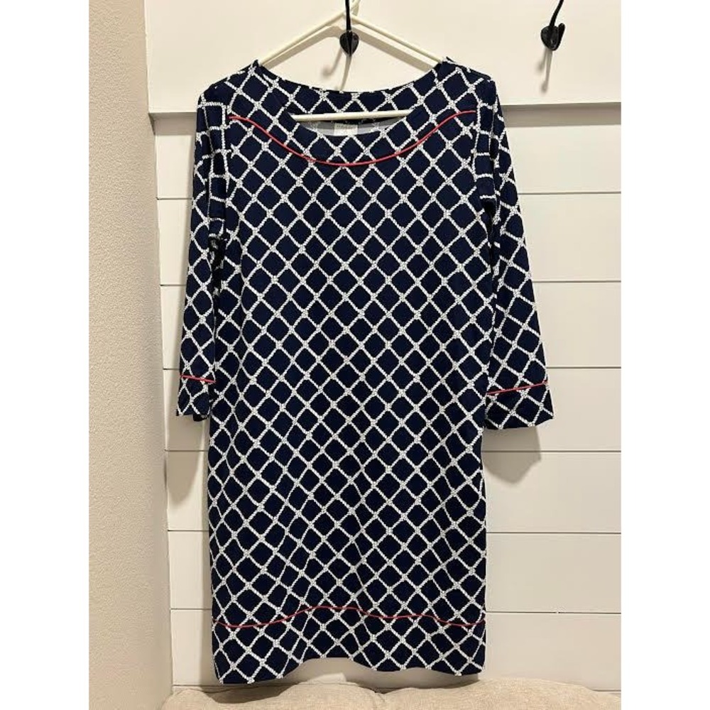 Lands End Womens Navy White Nautical Rope Print Shift Dress Red Trim Sz M 10-12